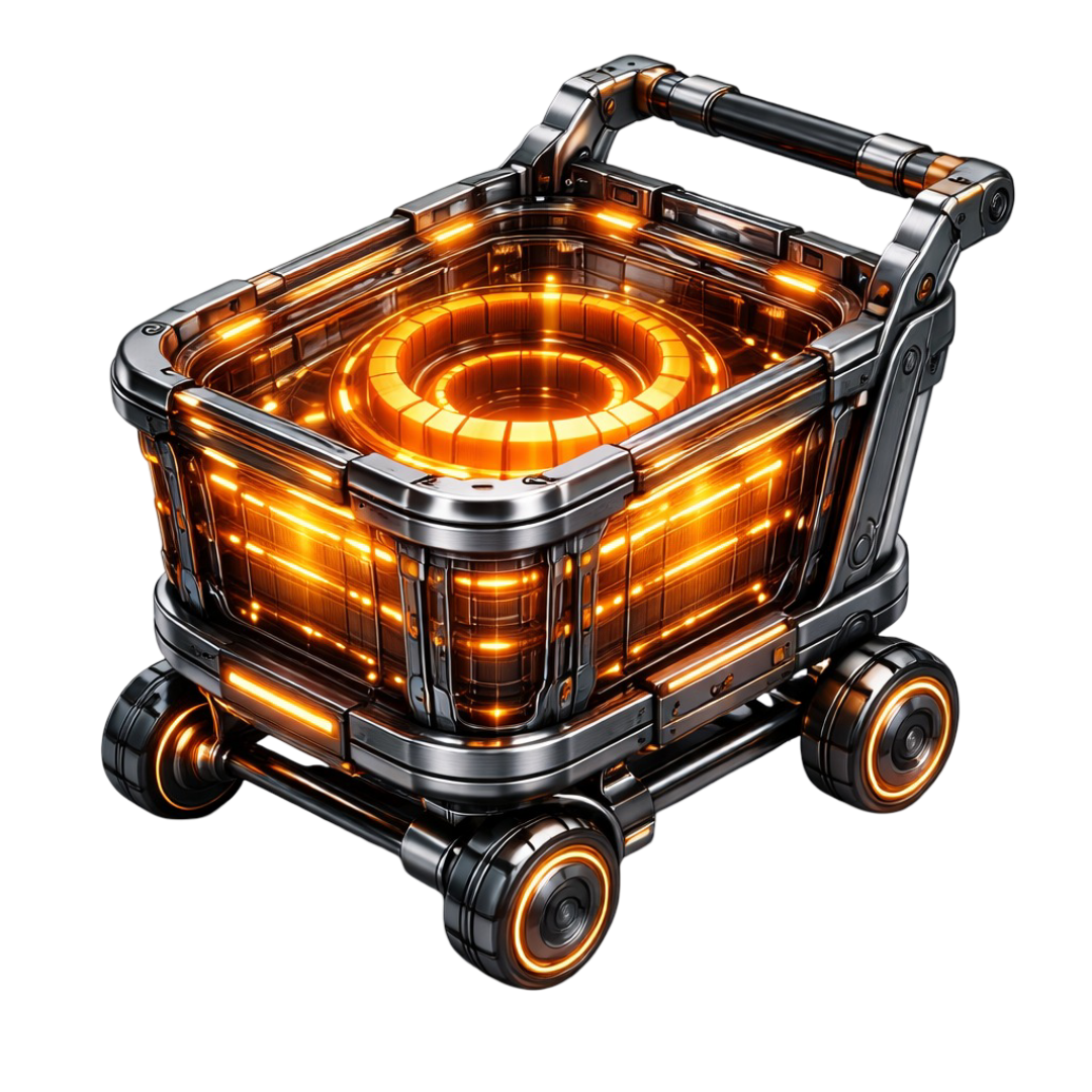 Carrinho de compras 3D representando e-commerce automático com vendas 24/7